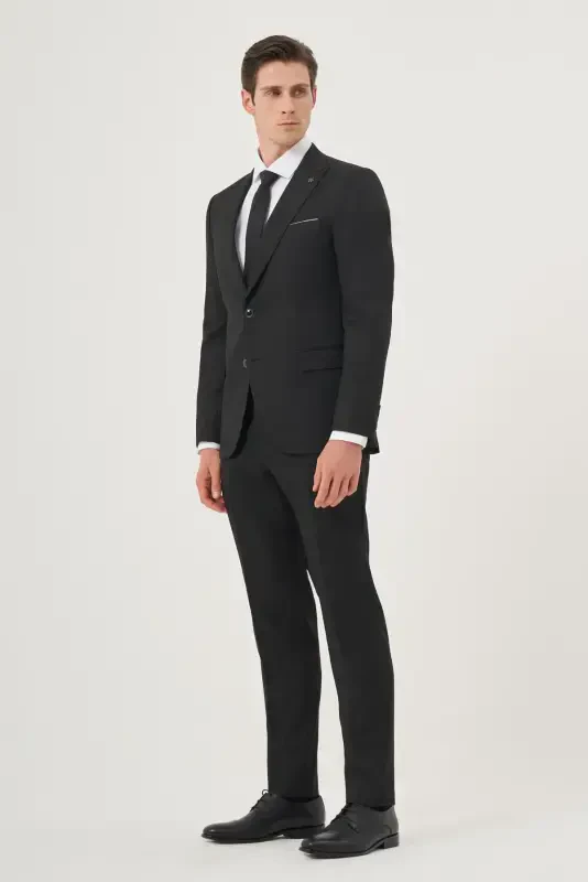 Modazone Men's Black Polyviscose Basic Jacquard Slim Fit Pointed Collar Suit - 3