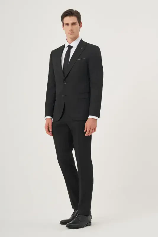 Modazone Men's Black Polyviscose Basic Jacquard Slim Fit Pointed Collar Suit - 5