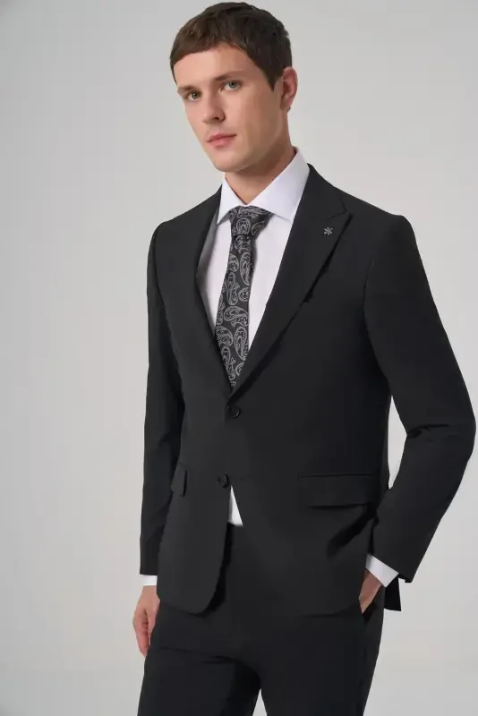 Modazone Men's Black Polyviscose Basic Slim Fit Pointed Collar Suit - 3