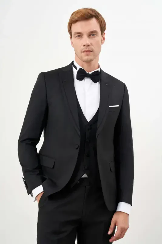 Modazone Men's Black Polyviscose Ceromonia Jacquard Pattern Slim Fit Pointed Collar Tuxedo - 2