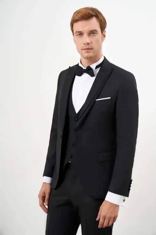 Modazone Men's Black Polyviscose Ceromonia Jacquard Pattern Slim Fit Pointed Collar Tuxedo - 3