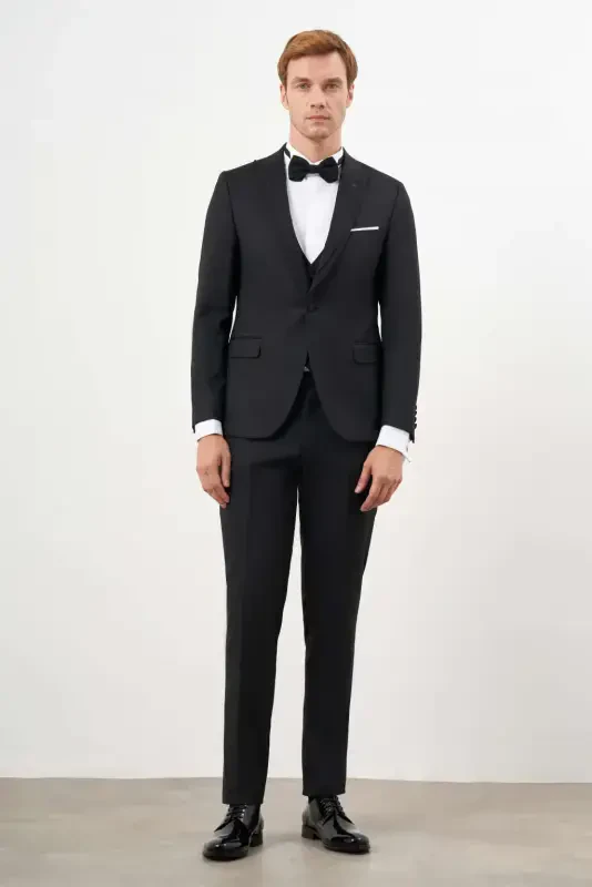 Modazone Men's Black Polyviscose Ceromonia Jacquard Pattern Slim Fit Pointed Collar Tuxedo - 4