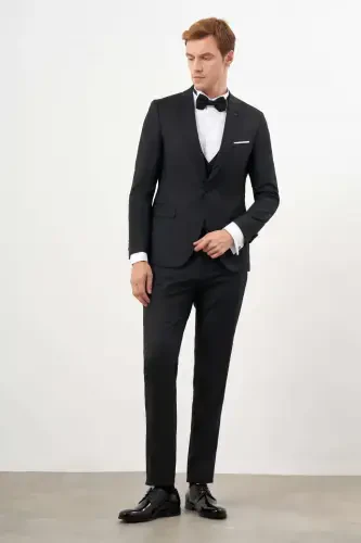 Modazone Men's Black Polyviscose Ceromonia Jacquard Pattern Slim Fit Pointed Collar Tuxedo - 5