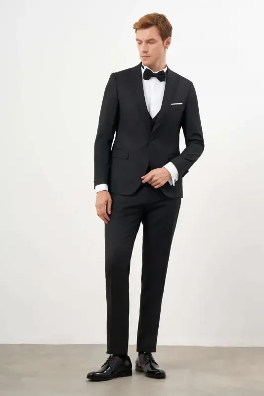 Modazone Men's Black Polyviscose Ceromonia Jacquard Pattern Slim Fit Pointed Collar Tuxedo - 5