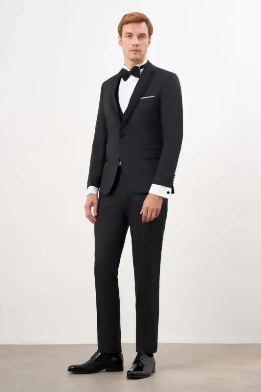 Modazone Men's Black Polyviscose Ceromonia Jacquard Pattern Slim Fit Shawl Lapel Groom Suit - 2