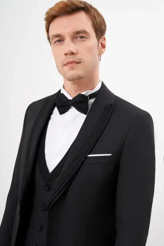 Modazone Men's Black Polyviscose Ceromonia Jacquard Pattern Slim Fit Shawl Lapel Groom Suit - 4