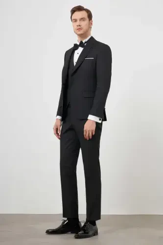 Modazone Men's Black Polyviscose Ceromonia Jacquard Pattern Slim Fit Shawl Lapel Groom Suit - 1