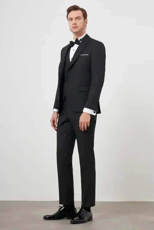 Modazone Men's Black Polyviscose Ceromonia Jacquard Pattern Slim Fit Shawl Lapel Groom Suit - 1