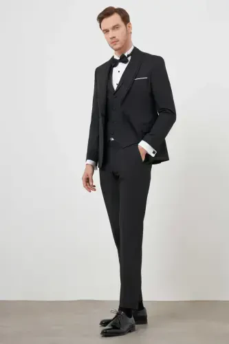 Modazone Men's Black Polyviscose Ceromonia Jacquard Pattern Slim Fit Shawl Lapel Groom Suit - MORVEN (1)