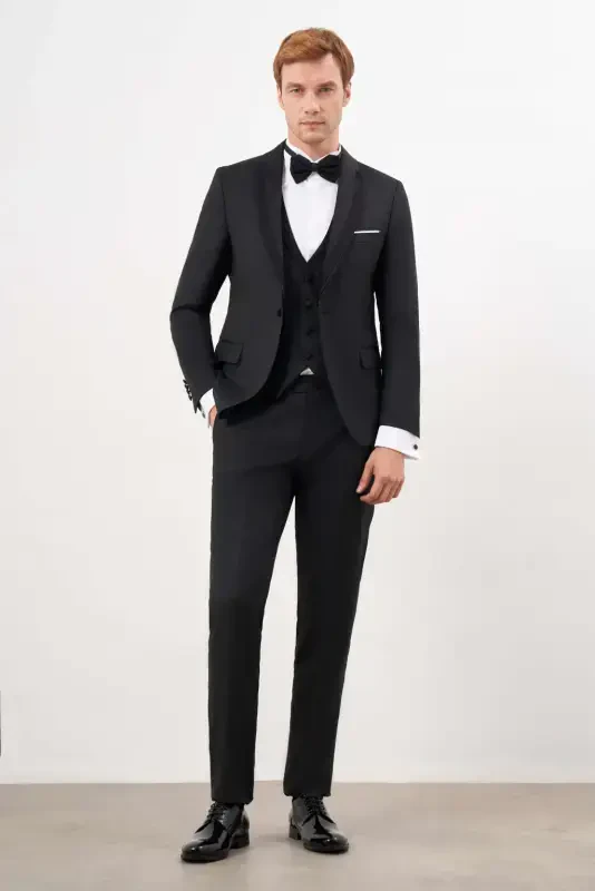 Modazone Men's Black Polyviscose Ceromonia Jacquard Pattern Slim Fit Shawl Lapel Groom Suit - 3