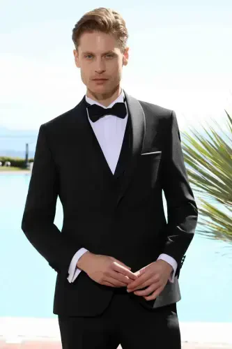 Modazone Men's Black Polyviscose Ceromonia Santorini Slim Fit Shawl Collar Groom Suit - 3