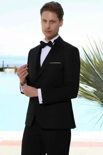 Modazone Men's Black Polyviscose Ceromonia Santorini Slim Fit Shawl Collar Groom Suit - 5