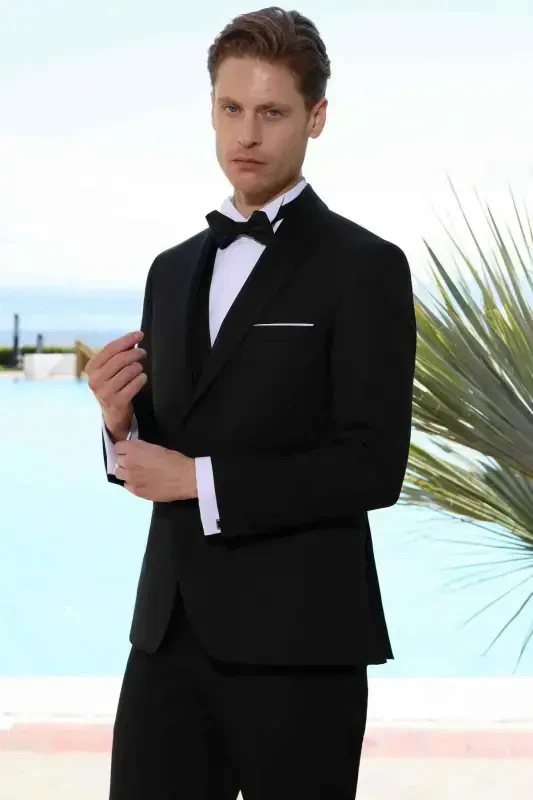 Modazone Men's Black Polyviscose Ceromonia Santorini Slim Fit Shawl Collar Groom Suit - 5