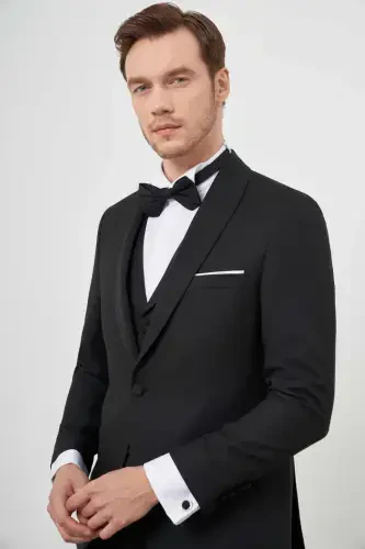 Modazone Men's Black Polyviscose Ceromonia Santorini Slim Fit Shawl Collar Groom Suit - 6