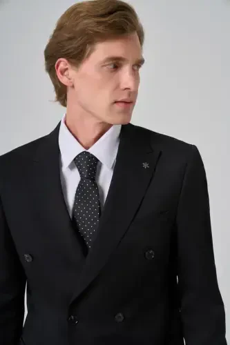 Modazone Men's Black Polyviscose Trend Plain Pattern Slim Fit Pointed Collar Double Breasted Suit - 3