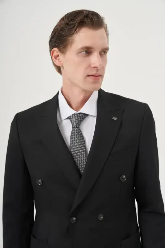 Modazone Men's Black Polyviscose Trend Plain Slim Fit Pointed Collar Double Breasted Suit - 2