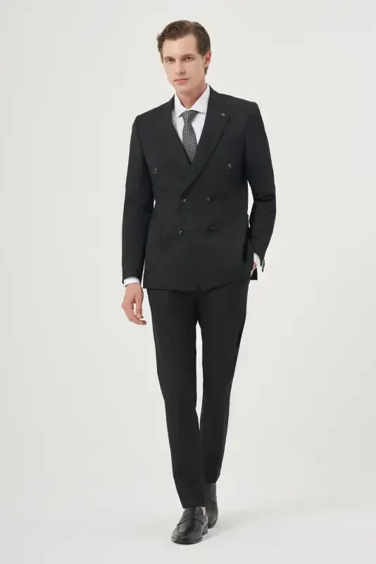 Modazone Men's Black Polyviscose Trend Plain Slim Fit Pointed Collar Double Breasted Suit - 3