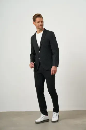 Modazone Men's Black Polyviscose Trend Striped Pattern Slim Fit Single Collar Suit - 1