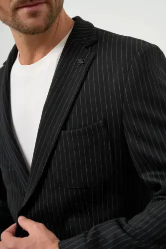 Modazone Men's Black Polyviscose Trend Striped Pattern Slim Fit Single Collar Suit - 4