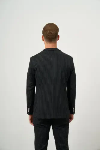 Modazone Men's Black Polyviscose Trend Striped Pattern Slim Fit Single Collar Suit - 5