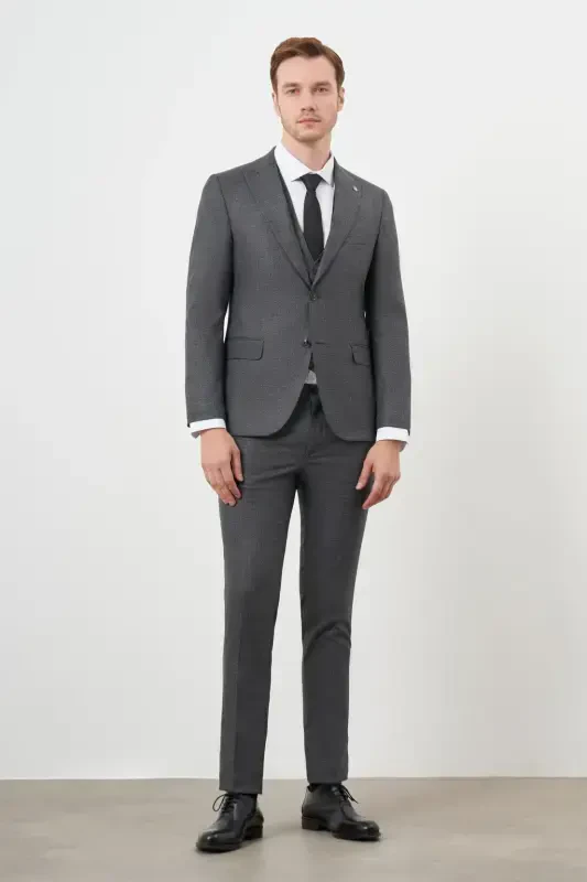 Modazone Men's Black Polyviscose Trend Vest Patterned Slim Fit Pointed Collar Suit - 1