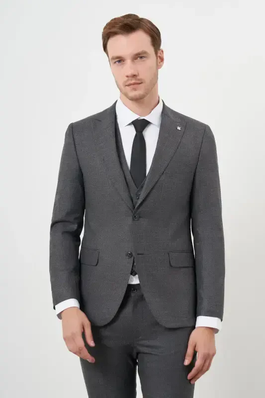 Modazone Men's Black Polyviscose Trend Vest Patterned Slim Fit Pointed Collar Suit - 4