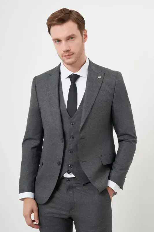 Modazone Men's Black Polyviscose Trend Vest Patterned Slim Fit Pointed Collar Suit - 5