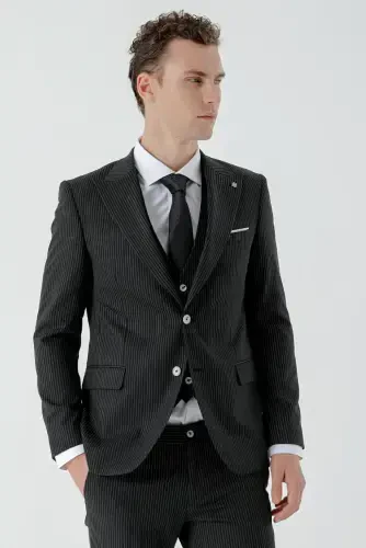 Modazone Men's Black Polyviscose Trend Vest Striped Pattern Slim Fit Pointed Collar Suit - 3