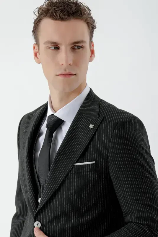 Modazone Men's Black Polyviscose Trend Vest Striped Pattern Slim Fit Pointed Collar Suit - 6