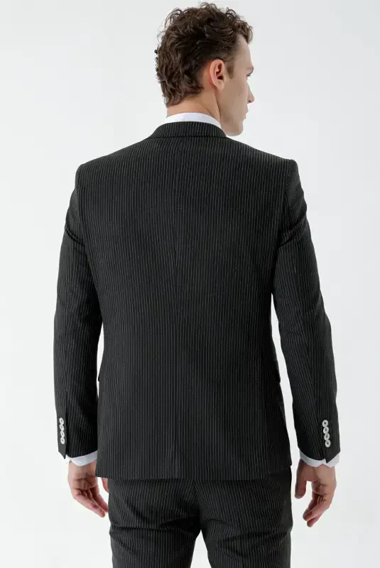 Modazone Men's Black Polyviscose Trend Vest Striped Pattern Slim Fit Pointed Collar Suit - 7