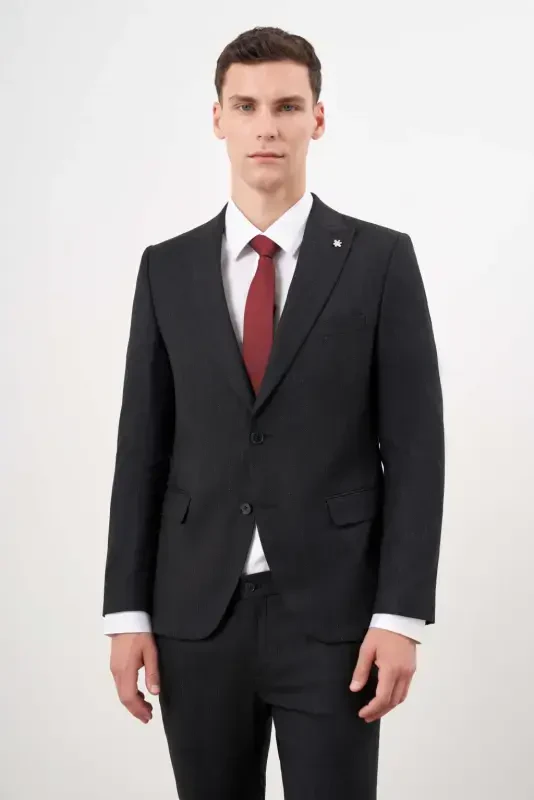 Modazone Men's Black Polyviscose Trendy Patterned Slim Fit Pointed Collar Suit - 1