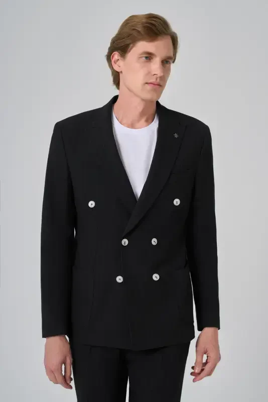 Modazone Men's Black Polyviscose Trendy Striped Slim Fit Pointed Collar Double Breasted Suit - 2