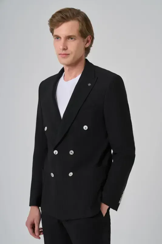 Modazone Men's Black Polyviscose Trendy Striped Slim Fit Pointed Collar Double Breasted Suit - 3