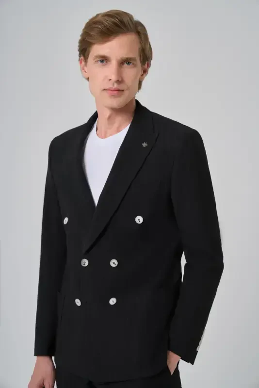 Modazone Men's Black Polyviscose Trendy Striped Slim Fit Pointed Collar Double Breasted Suit - 4