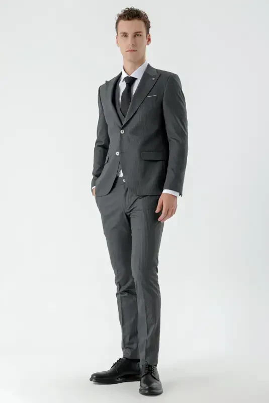 Modazone Men's Black Polyviscose Trendy Vest Patterned Slim Fit Pointed Collar Suit - 2