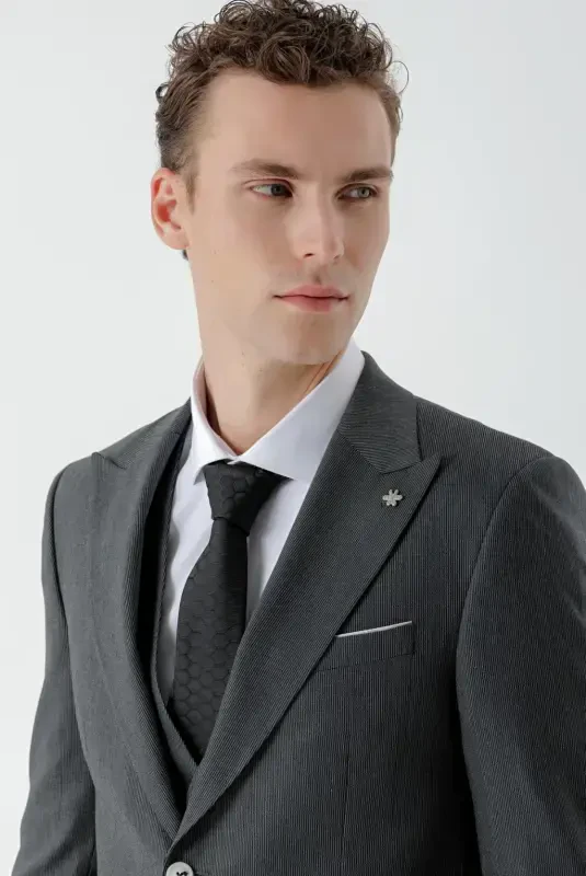 Modazone Men's Black Polyviscose Trendy Vest Patterned Slim Fit Pointed Collar Suit - 5