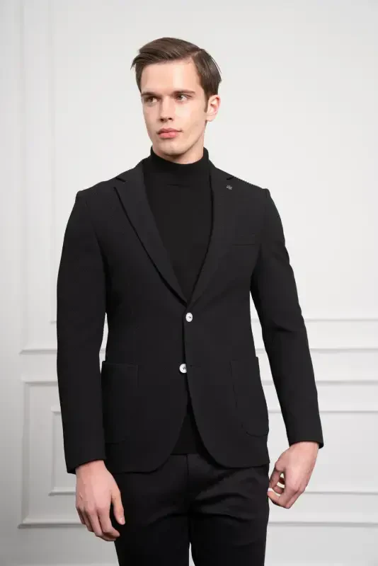 Modazone Men's Black Polyviscose Woven Patterned Slim Fit Narrow Cut Mono Collar Jacket - 1
