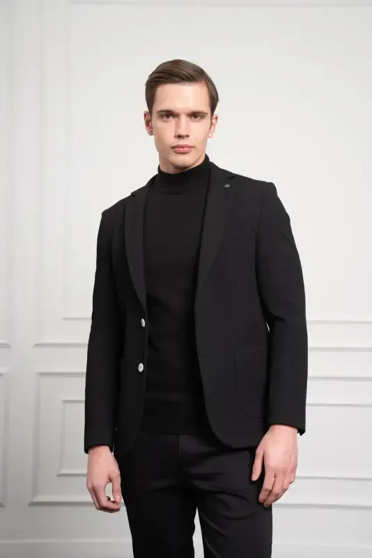 Modazone Men's Black Polyviscose Woven Patterned Slim Fit Narrow Cut Mono Collar Jacket - 3