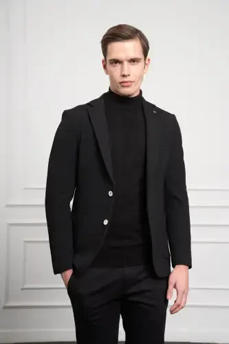 Modazone Men's Black Polyviscose Woven Patterned Slim Fit Narrow Cut Mono Collar Jacket - 4