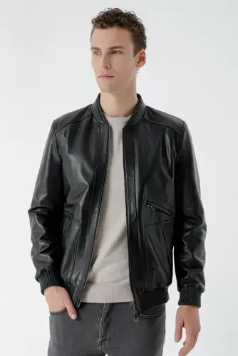 Modazone Men's Black Toledo Elasticated Leather Jacket - 1