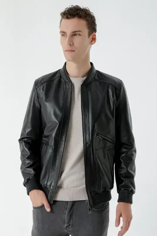 Modazone Men's Black Toledo Elasticated Leather Jacket - 1