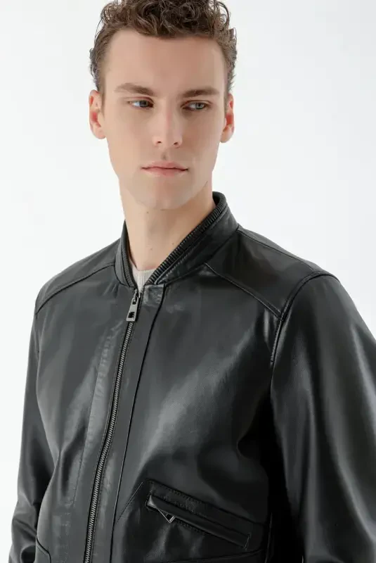 Modazone Men's Black Toledo Elasticated Leather Jacket - 4