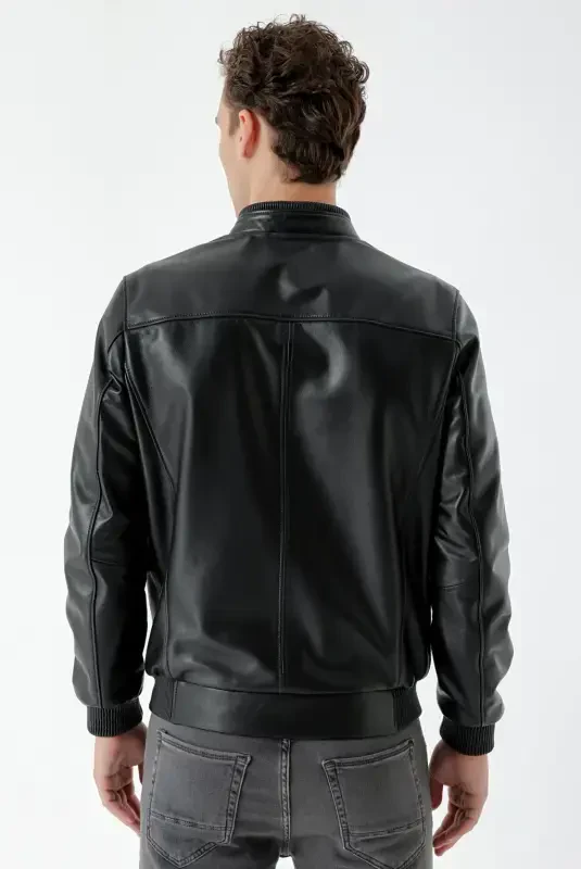 Modazone Men's Black Toledo Elasticated Leather Jacket - 6