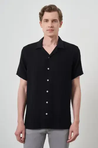 Modazone Men's Black Trend Linen Regular Fit Apache Collar Short Sleeve Shirt - 1