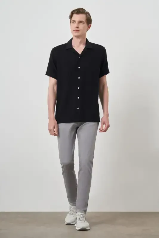 Modazone Men's Black Trend Linen Regular Fit Apache Collar Short Sleeve Shirt - 2