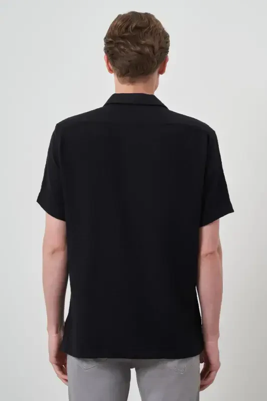 Modazone Men's Black Trend Linen Regular Fit Apache Collar Short Sleeve Shirt - 5