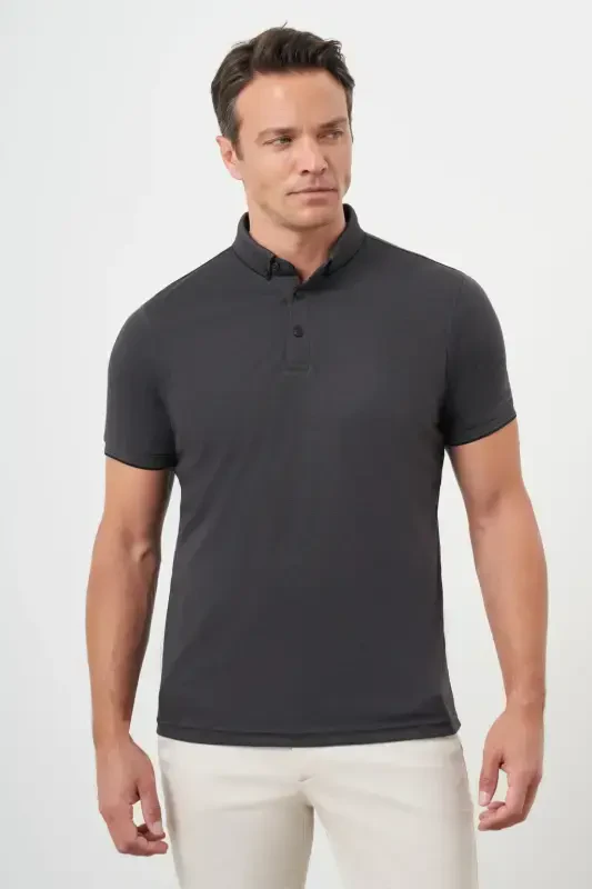 Modazone Men's Black Trend Mercerized Plain Button-Down Collar Dynamic Fit T-Shirt - 1