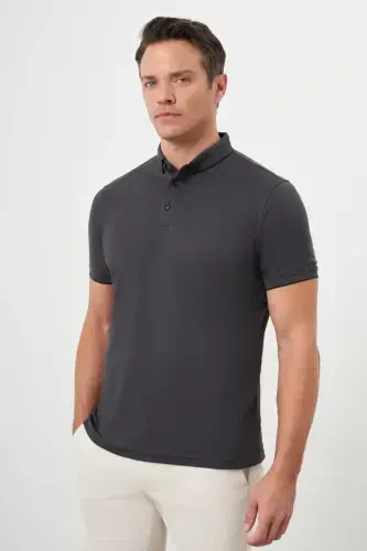 Modazone Men's Black Trend Mercerized Plain Button-Down Collar Dynamic Fit T-Shirt - 3