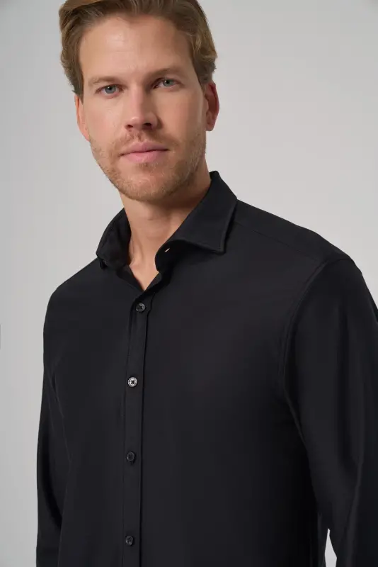 Modazone Men's Black Trend Plain Slim Fit Full Italian Collar Shirt - 2