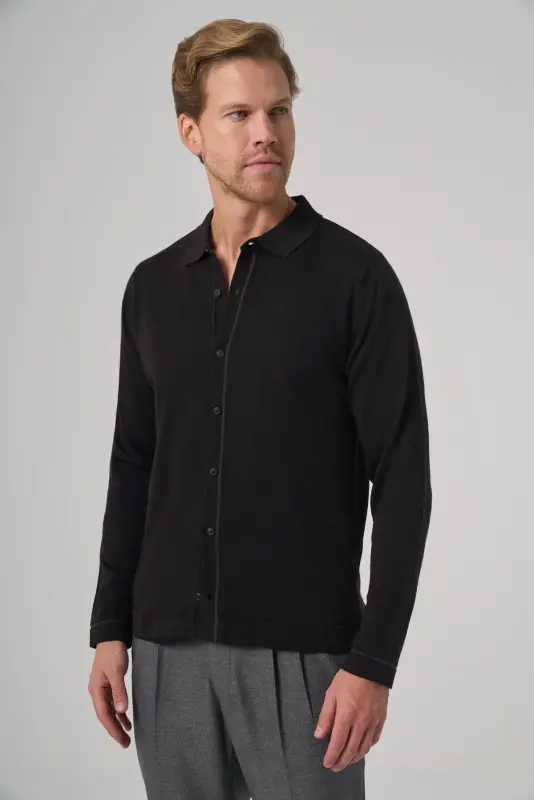 Modazone Men's Black Trend Polo Neck Shirt Knitwear - MORVEN